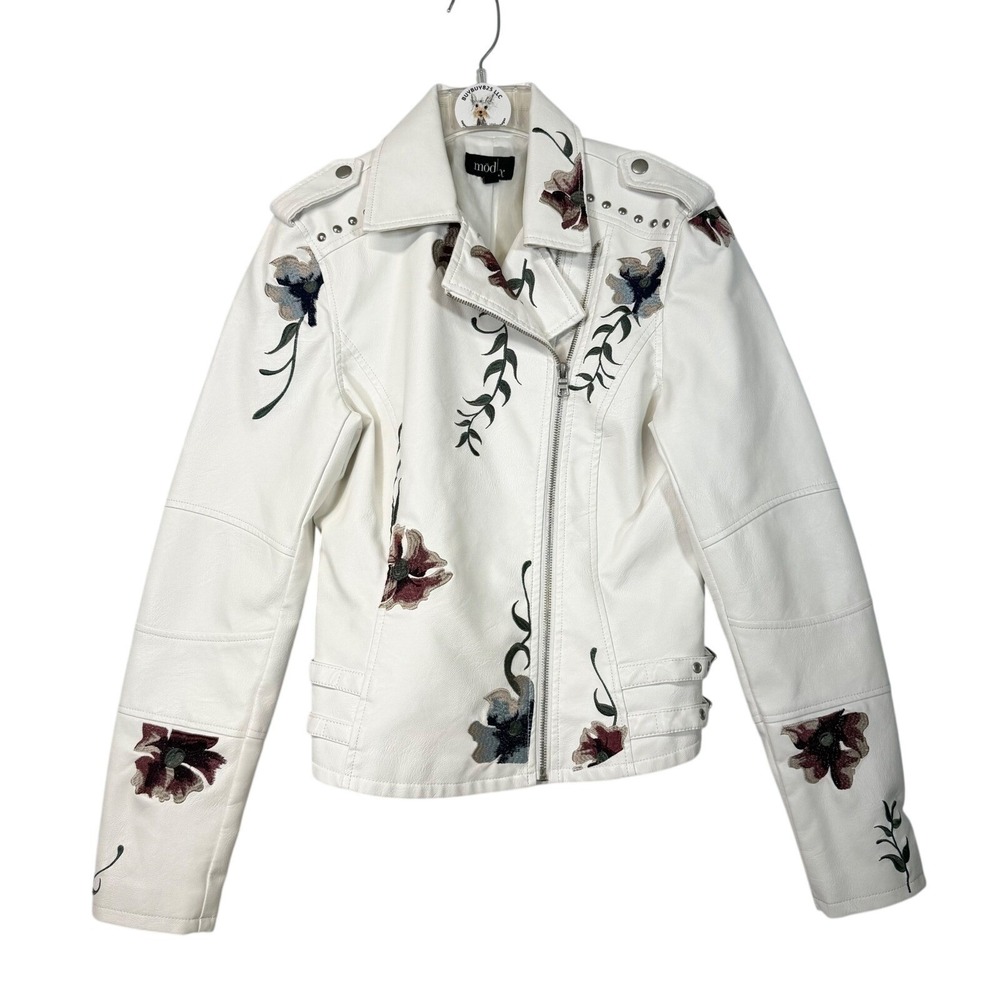 ModX Ivory Faux Leather‎ Floral Embroidered Moto Jacket Women's S